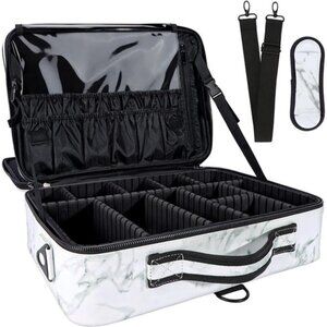 Travel Makeup Bag 3 Layers PU Leather Large Makeup Train Case Professional